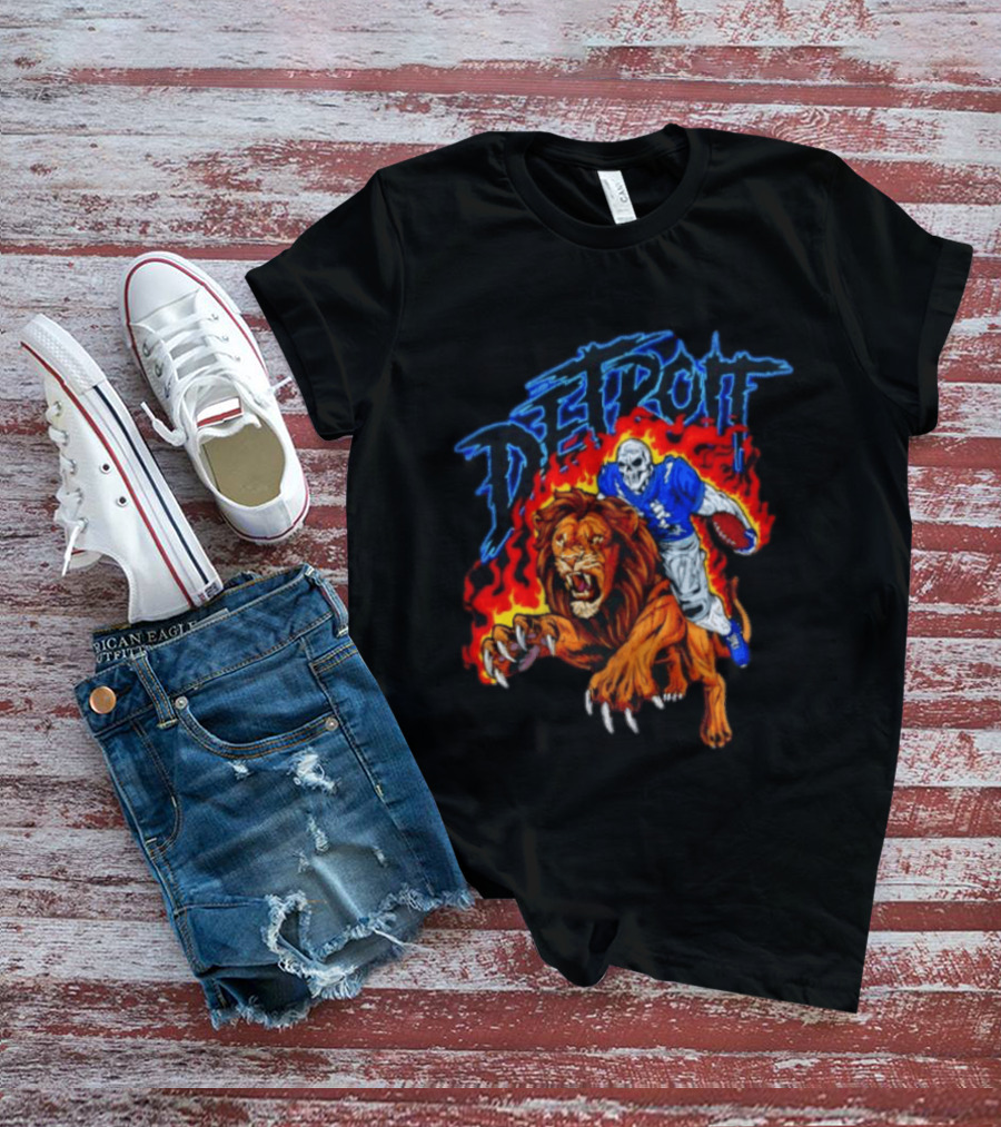 Detroit Skeleton Football Player Lion Fire Fusion T-Shirt