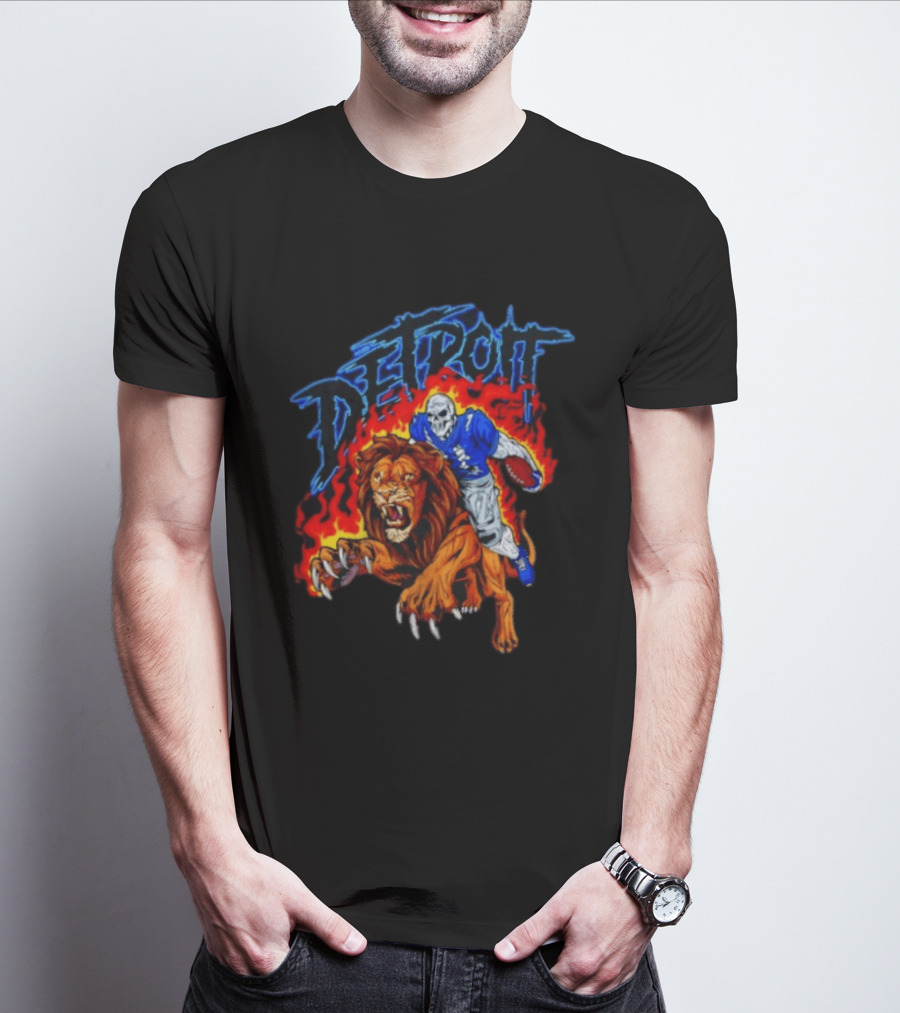 Detroit Skeleton Football Player Lion Fire Fusion T-Shirt
