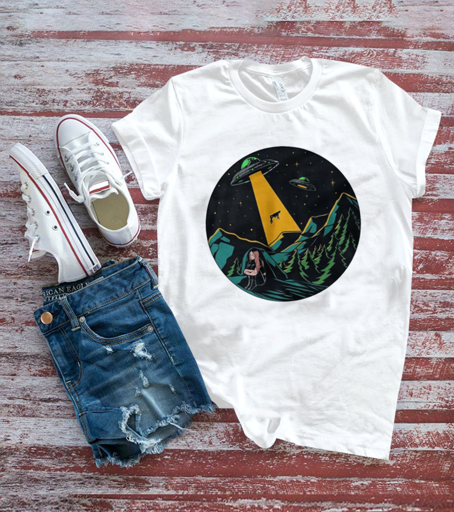 UFOs Aliens Abduction Night Sky Mountains Forest Trees Stars Beam T-Shirt