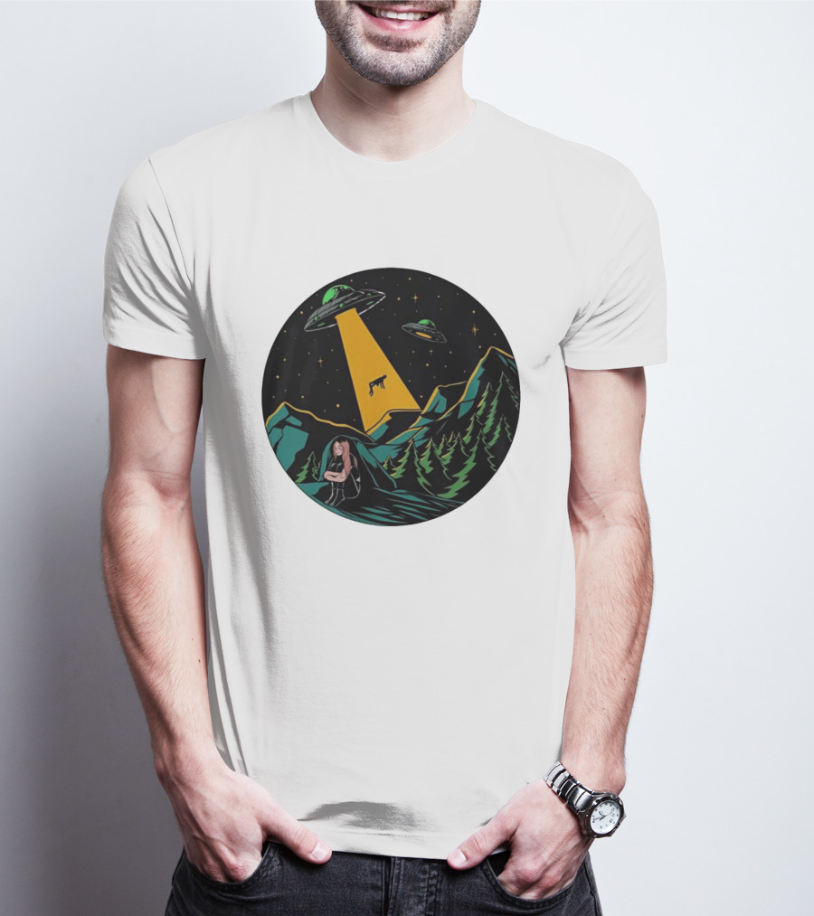 UFOs Aliens Abduction Night Sky Mountains Forest Trees Stars Beam T-Shirt