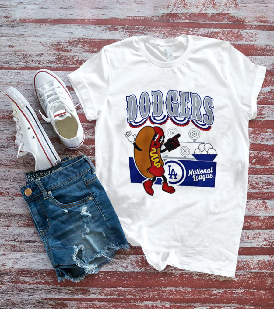 Cartoon Hot Dog Dodgers LA National League Baseball T-Shirt