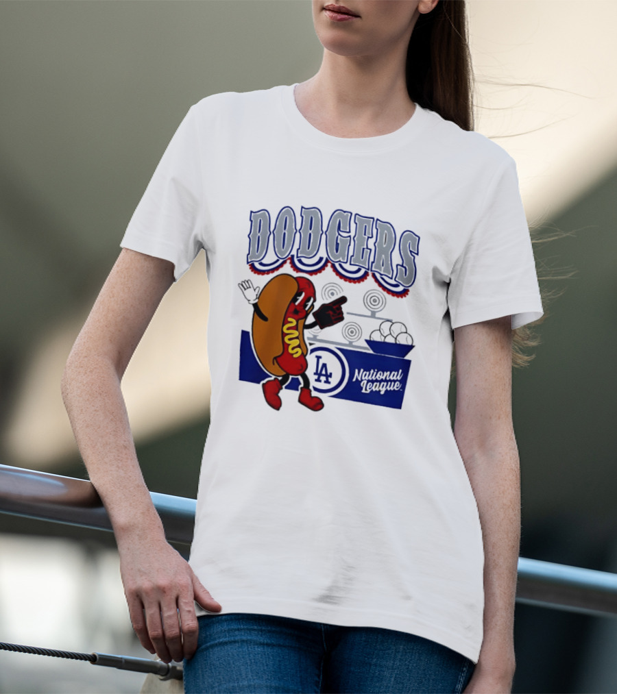 Cartoon Hot Dog Dodgers LA National League Baseball T-Shirt