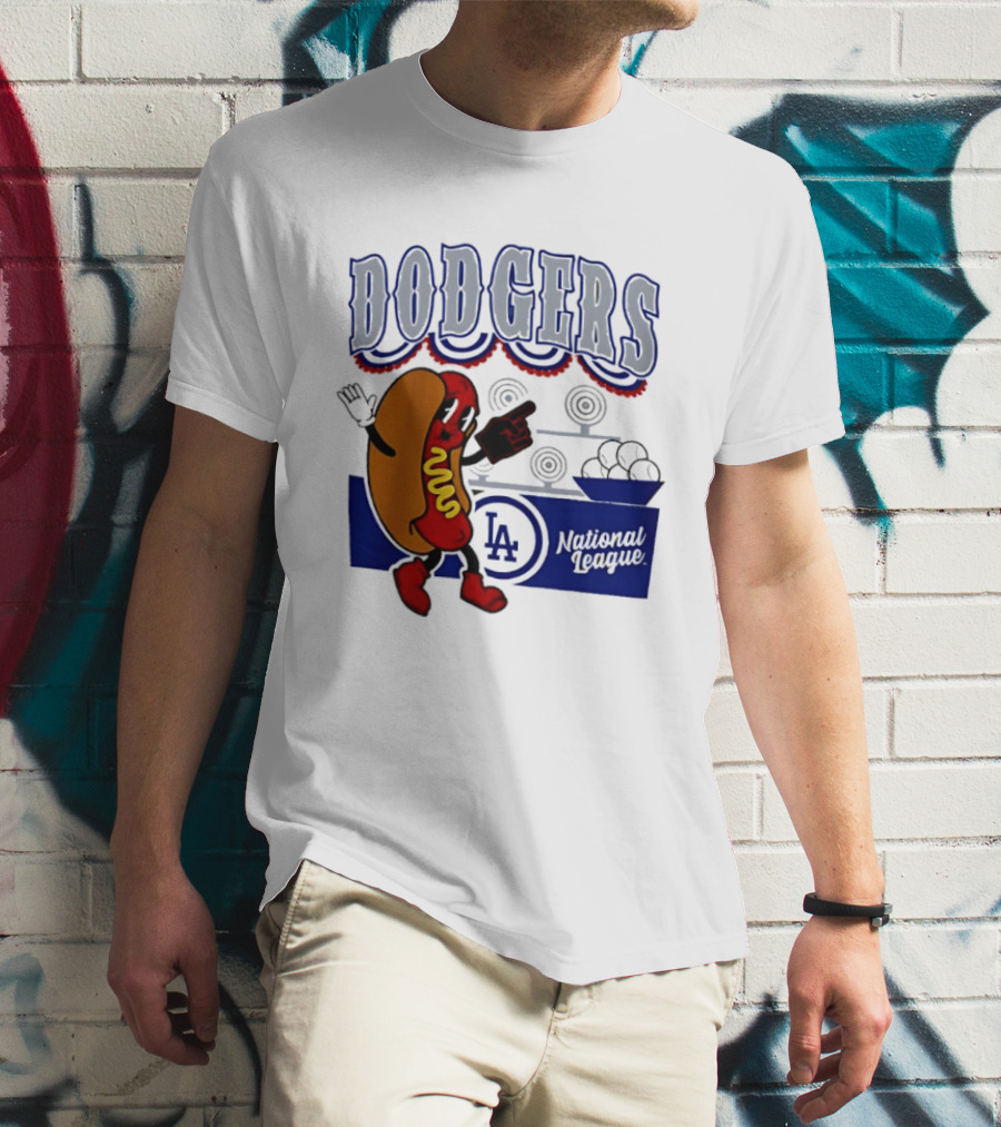 Cartoon Hot Dog Dodgers LA National League Baseball T-Shirt