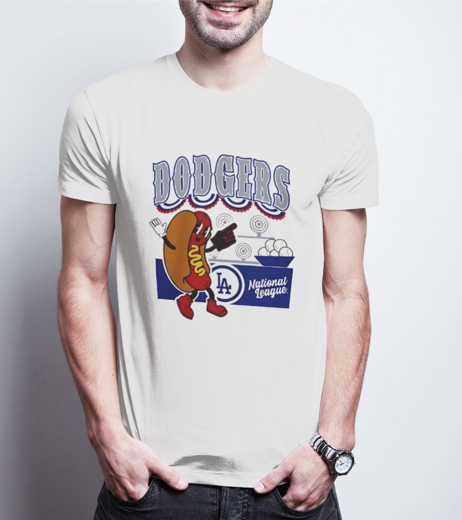 Cartoon Hot Dog Dodgers LA National League Baseball T-Shirt
