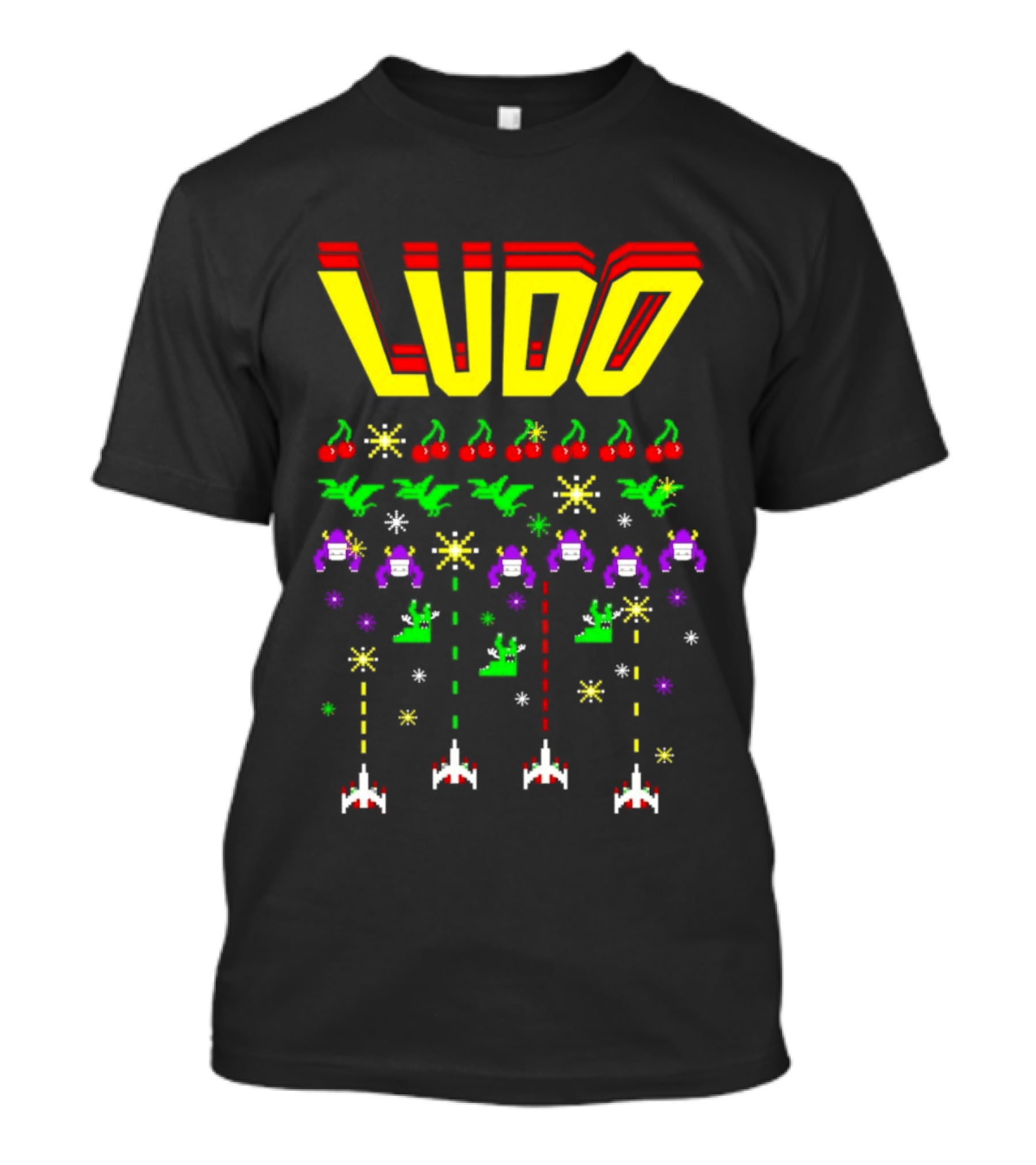 Ludo Arcade Halludoween 2026 Retro Gaming Cherries Spaceships T-Shirt