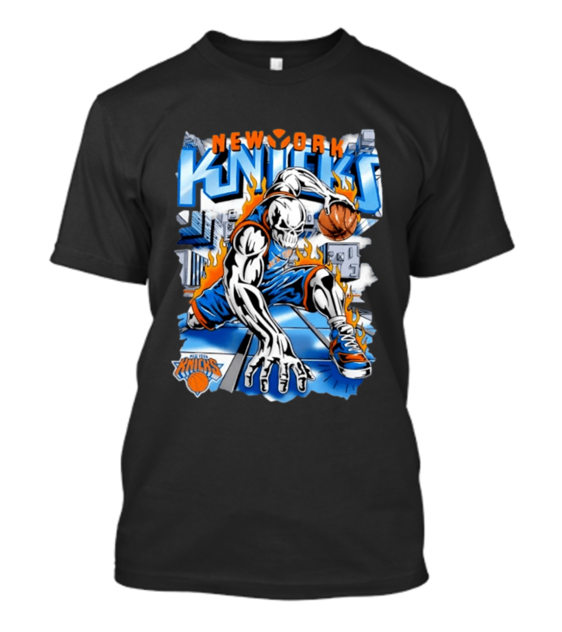 New York Knicks Basketball Urban Street Art Comic Style Flame Warrior T-Shirt