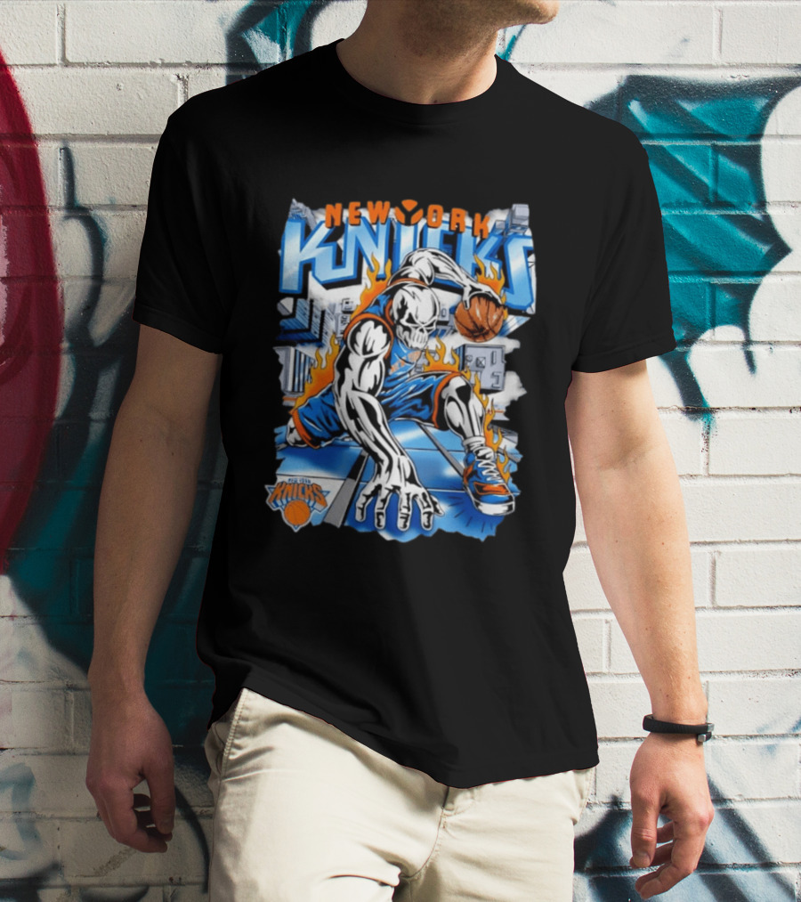 New York Knicks Basketball Urban Street Art Comic Style Flame Warrior T-Shirt