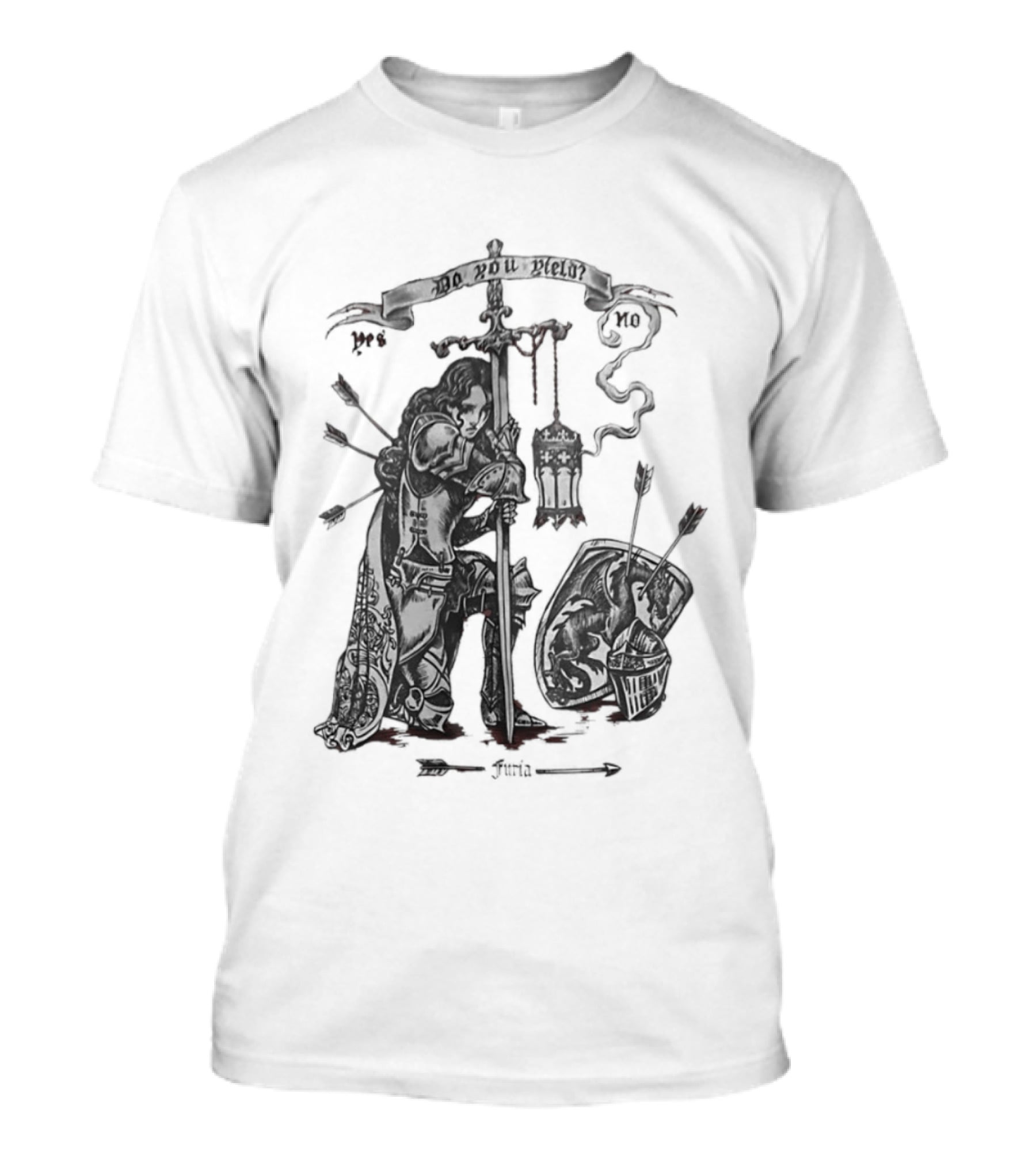 Knight Sword Shield Arrows Lantern Helmet Furia Do You Yield Yes No T-Shirt