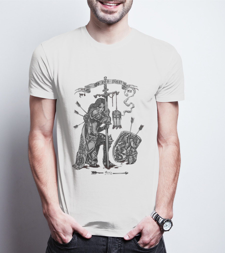 Knight Sword Shield Arrows Lantern Helmet Furia Do You Yield Yes No T-Shirt