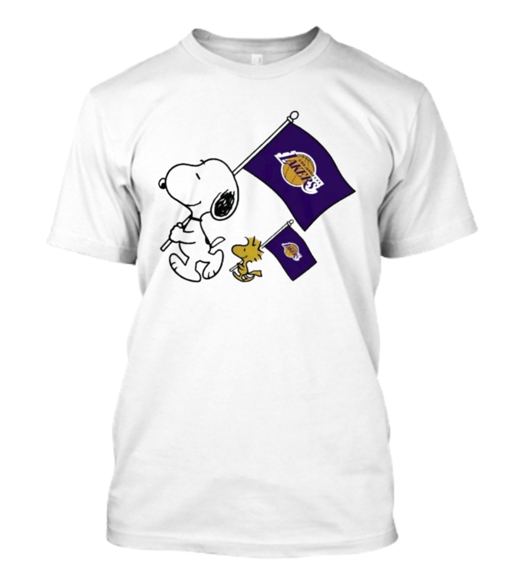 Los Angeles Lakers Snoopy And Woodstock Holding Team Flags T-Shirt