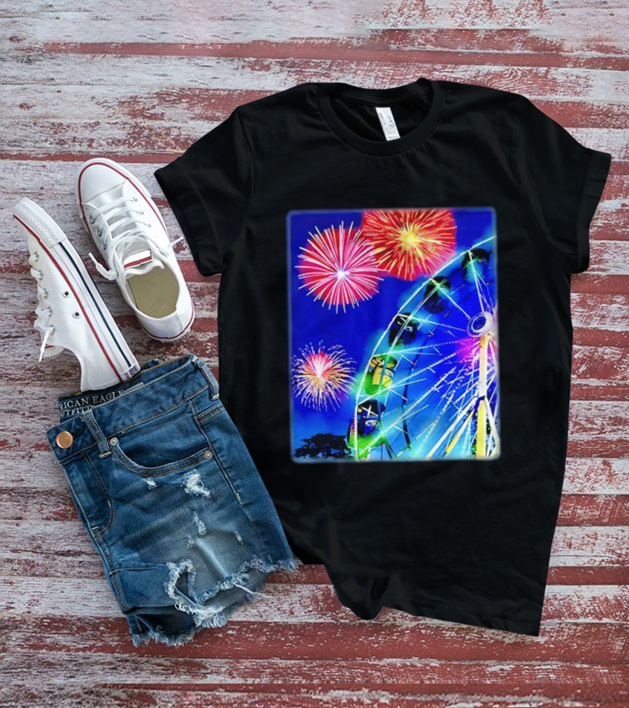 Ferris Wheel Fireworks Night Display Blue Sky T-Shirt