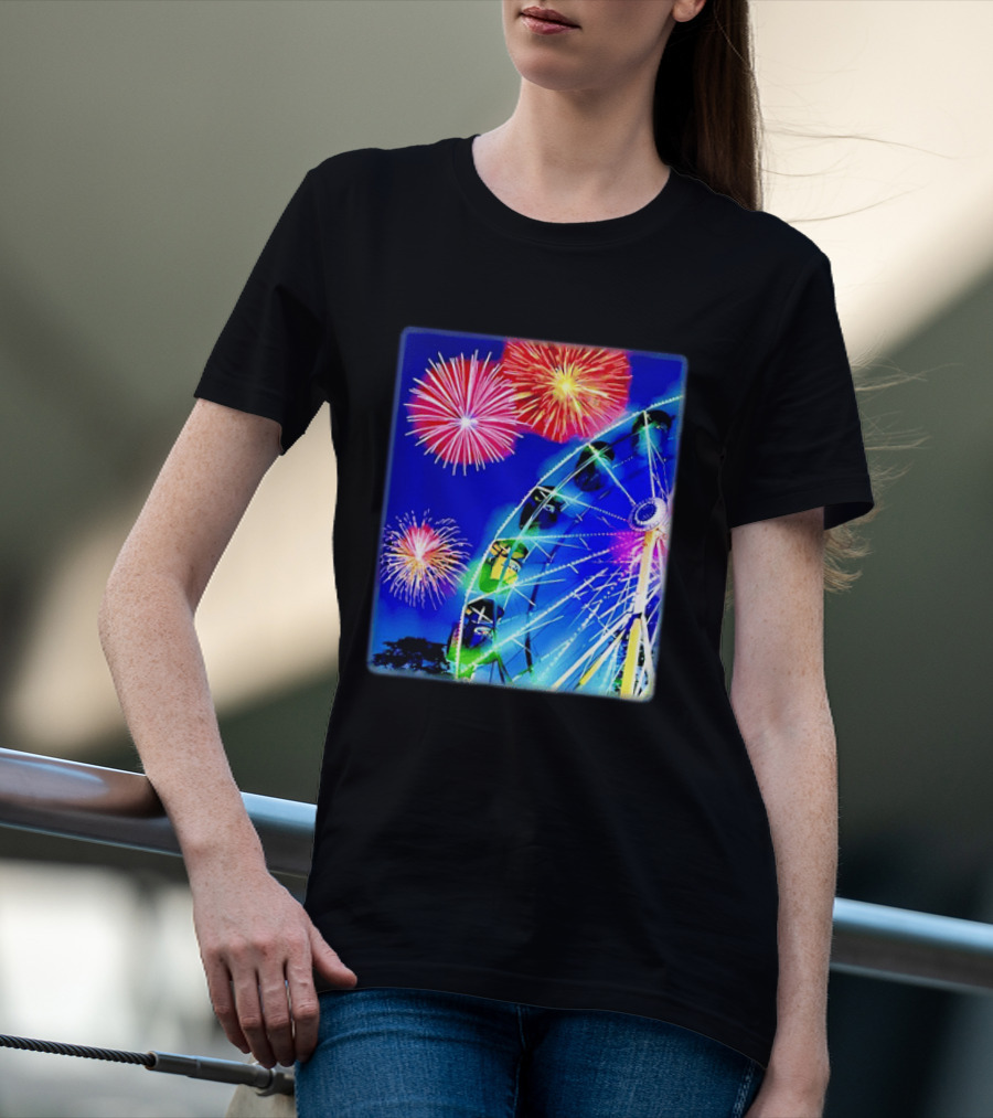 Ferris Wheel Fireworks Night Display Blue Sky T-Shirt