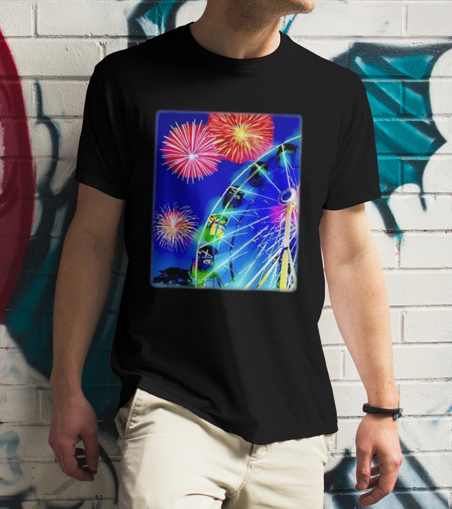 Ferris Wheel Fireworks Night Display Blue Sky T-Shirt