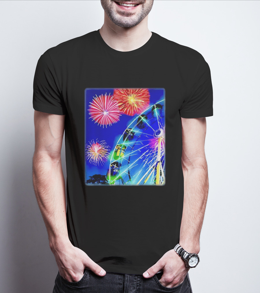 Ferris Wheel Fireworks Night Display Blue Sky T-Shirt