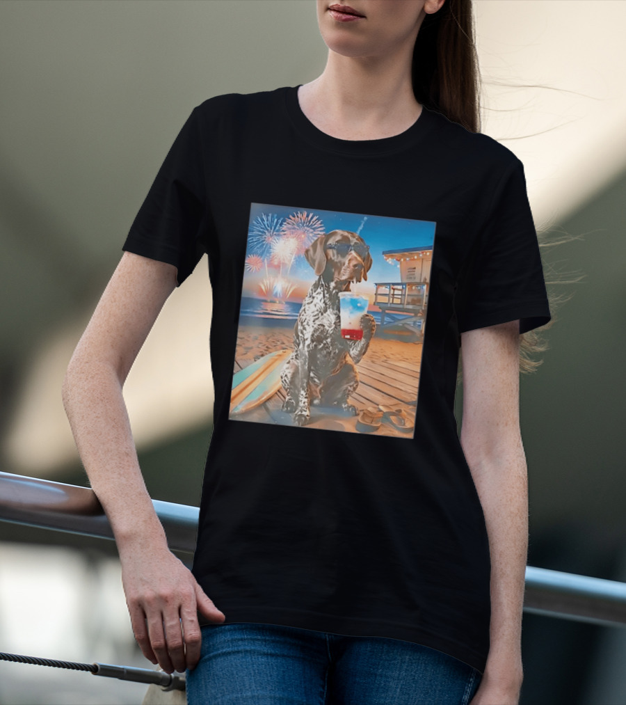 German Shorthaired Pointer Fourth Of July Fireworks Beach Party Surfboard Scene T-Shirt