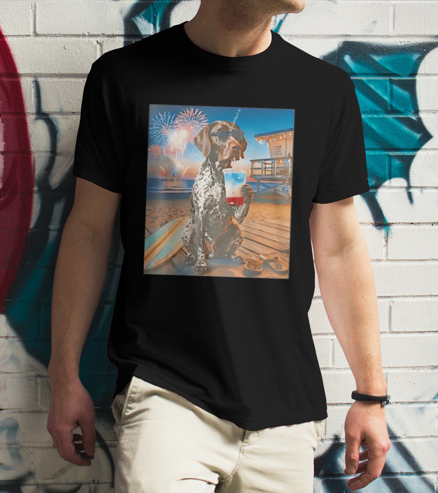 German Shorthaired Pointer Fourth Of July Fireworks Beach Party Surfboard Scene T-Shirt