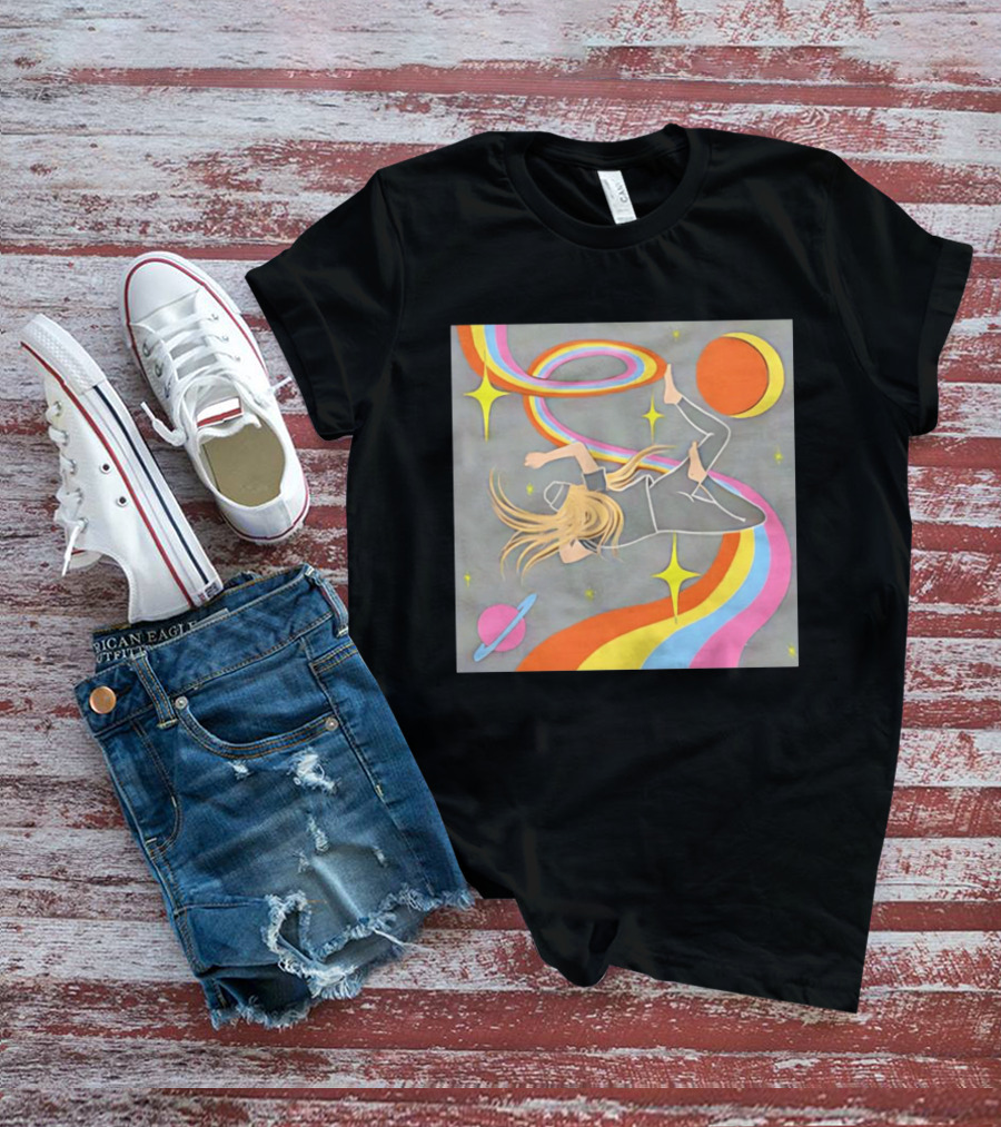 Rainbow Swirl Stars Crescent Moon Planet Orbit Cosmos Night Galaxy T-Shirt