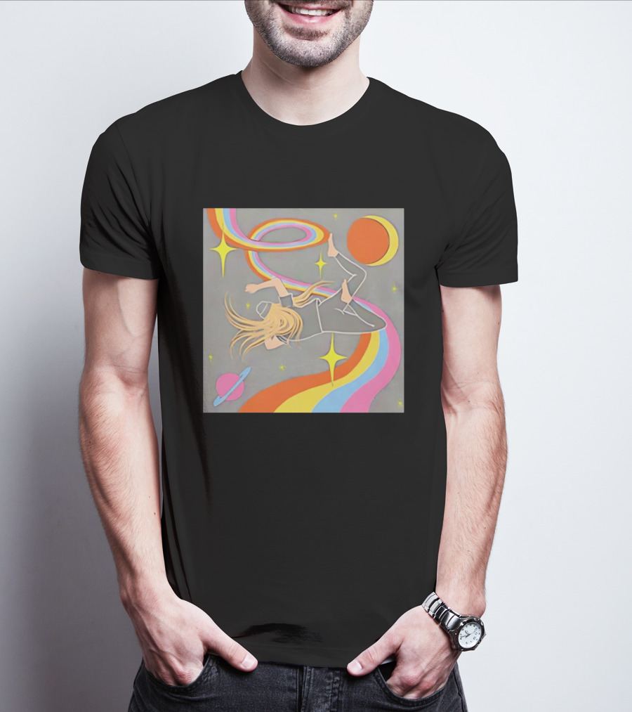 Rainbow Swirl Stars Crescent Moon Planet Orbit Cosmos Night Galaxy T-Shirt