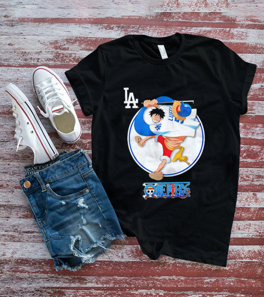 Los Angeles Dodgers Luffy OnePiece Collaboration With LA Logo And One Piece Branding T-Shirt