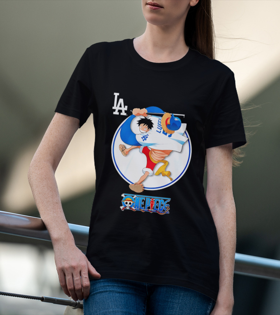 Los Angeles Dodgers Luffy OnePiece Collaboration With LA Logo And One Piece Branding T-Shirt