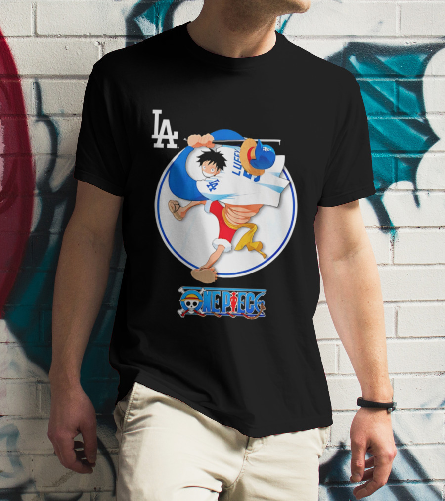 Los Angeles Dodgers Luffy OnePiece Collaboration With LA Logo And One Piece Branding T-Shirt