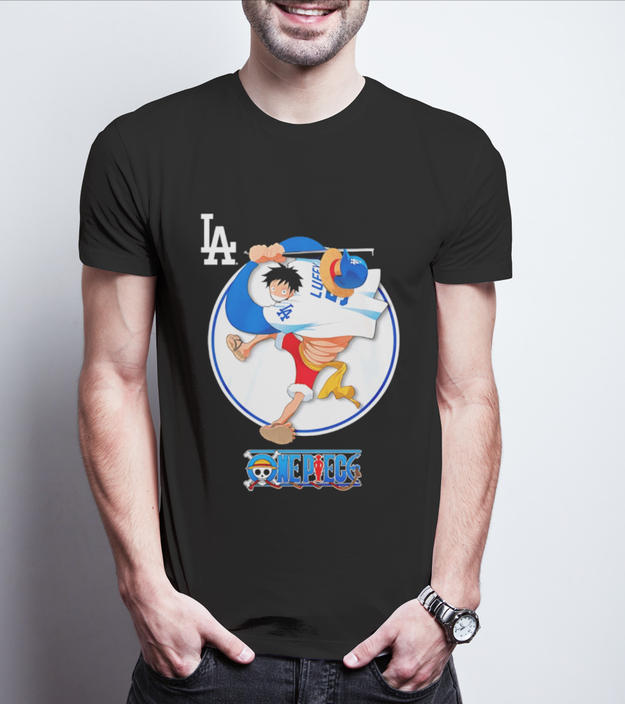 Los Angeles Dodgers Luffy OnePiece Collaboration With LA Logo And One Piece Branding T-Shirt