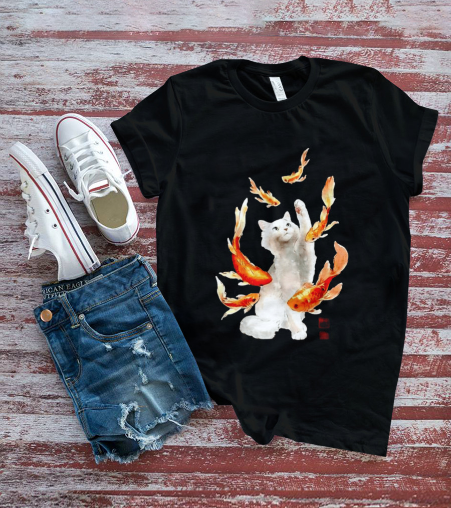 Playful White Cat Surrounded By Goldfish T-Shirt