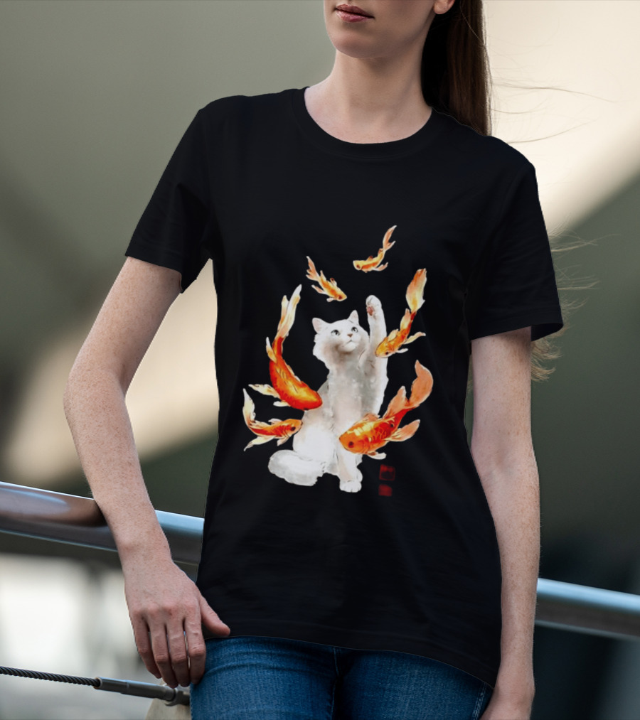 Playful White Cat Surrounded By Goldfish T-Shirt