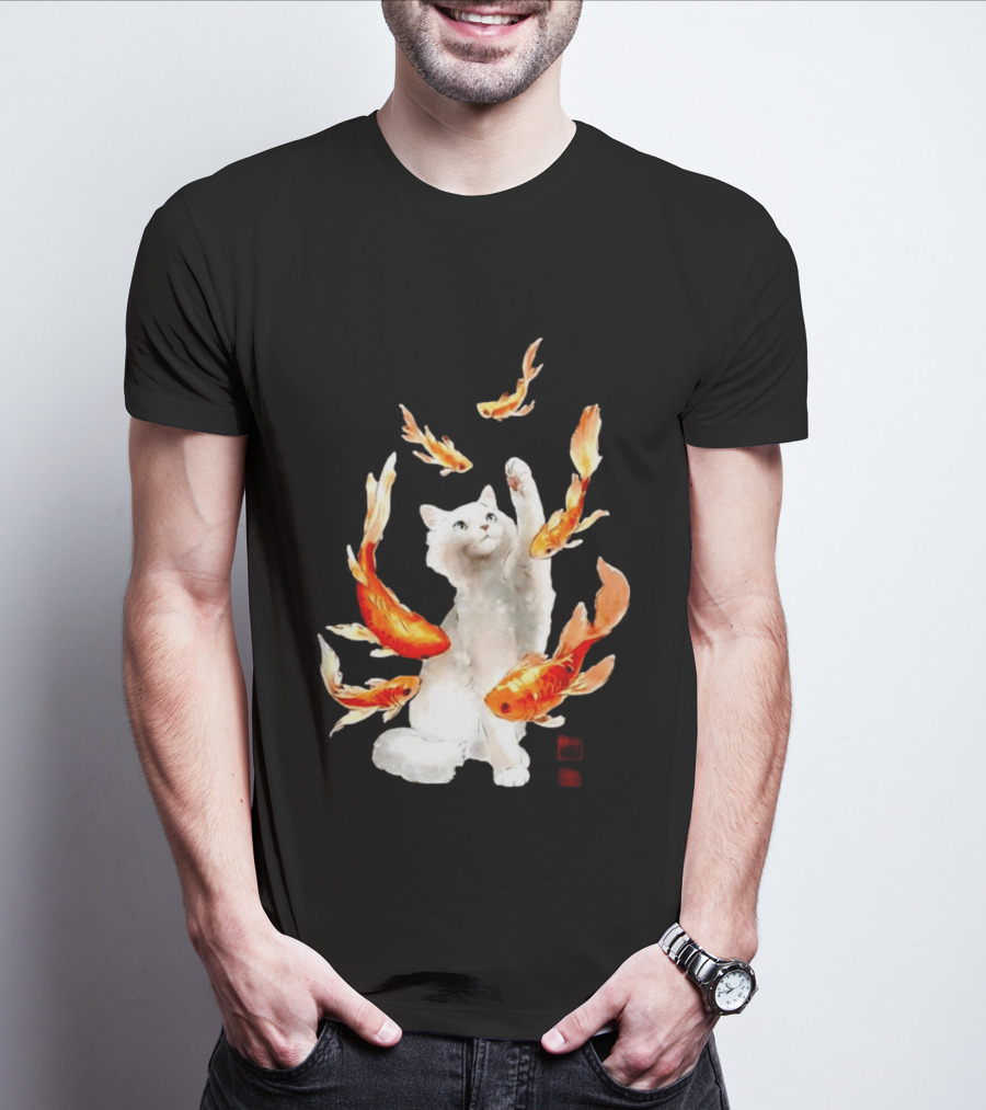 Playful White Cat Surrounded By Goldfish T-Shirt