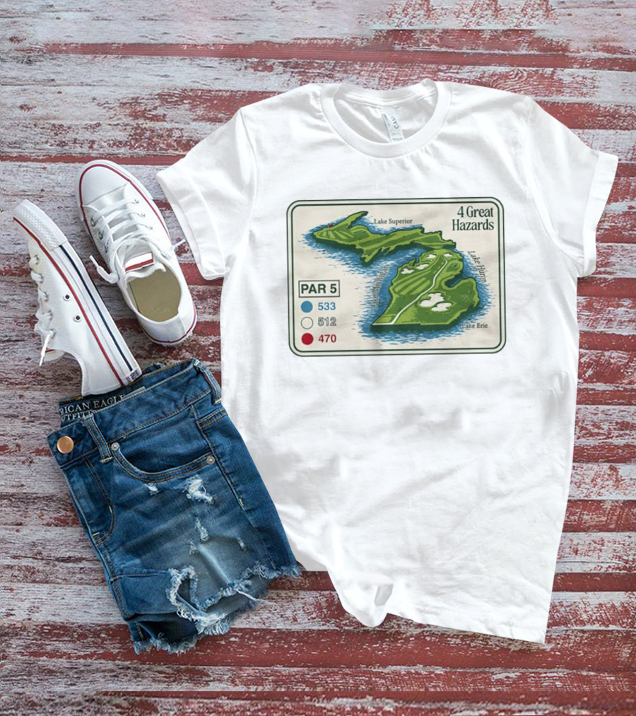 Michigan Golf Par 5 Course Map With 4 Great Hazards Lake Superior Huron Erie T-Shirt