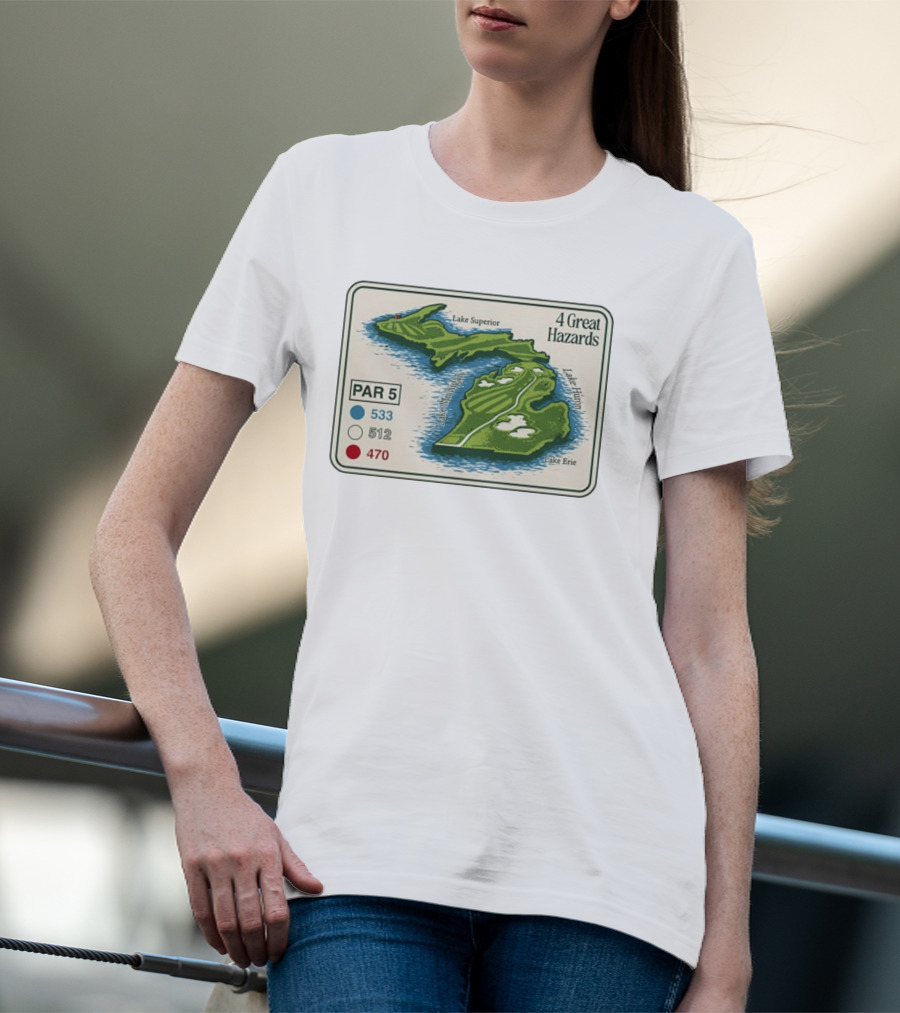 Michigan Golf Par 5 Course Map With 4 Great Hazards Lake Superior Huron Erie T-Shirt