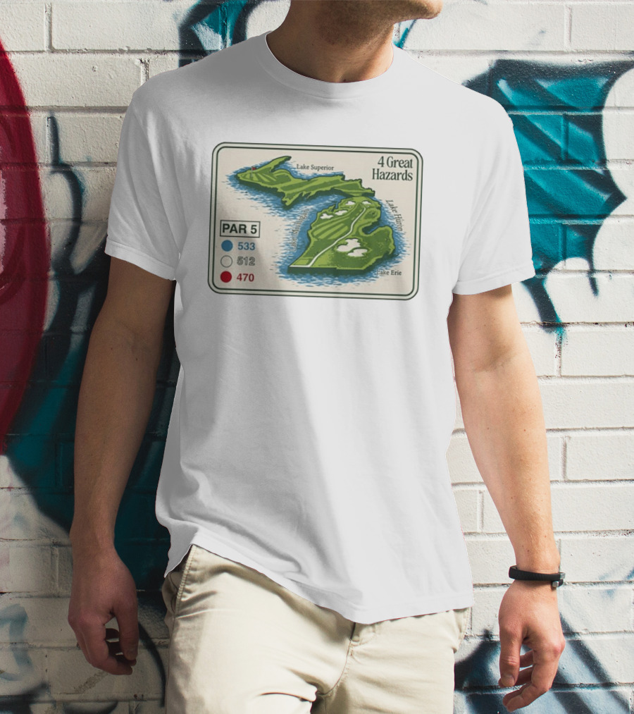 Michigan Golf Par 5 Course Map With 4 Great Hazards Lake Superior Huron Erie T-Shirt