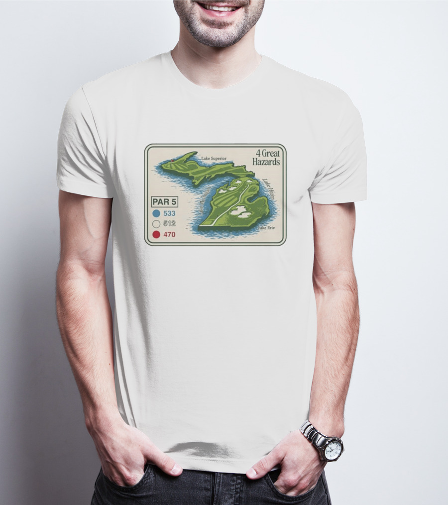 Michigan Golf Par 5 Course Map With 4 Great Hazards Lake Superior Huron Erie T-Shirt