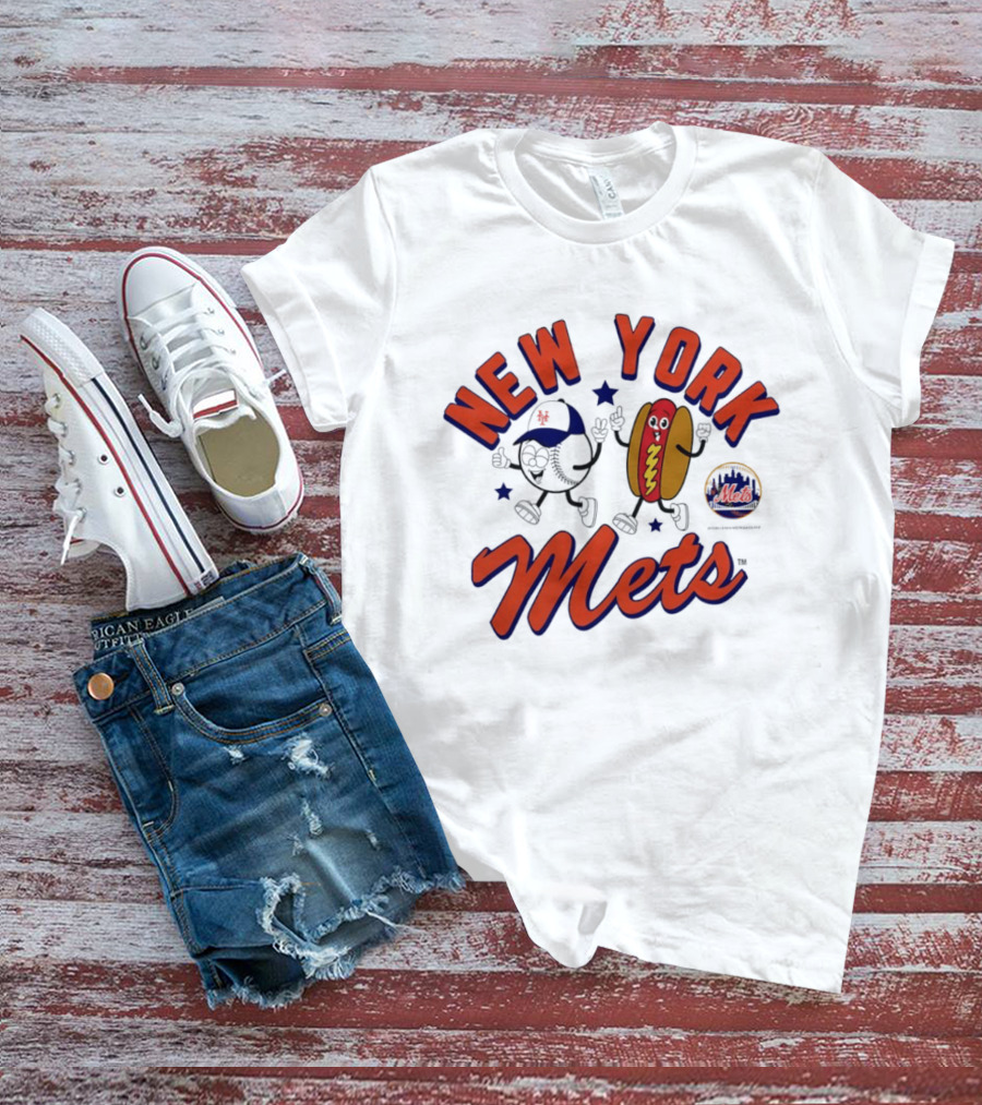 New York Mets Baseball Hot Dog And Baseball Character Animation T-Shirt