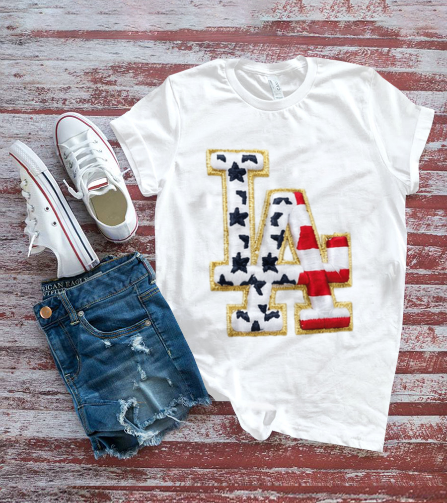Dodgers LA 250th Anniversary Stars And Stripes Gold Trim Patch T-Shirt