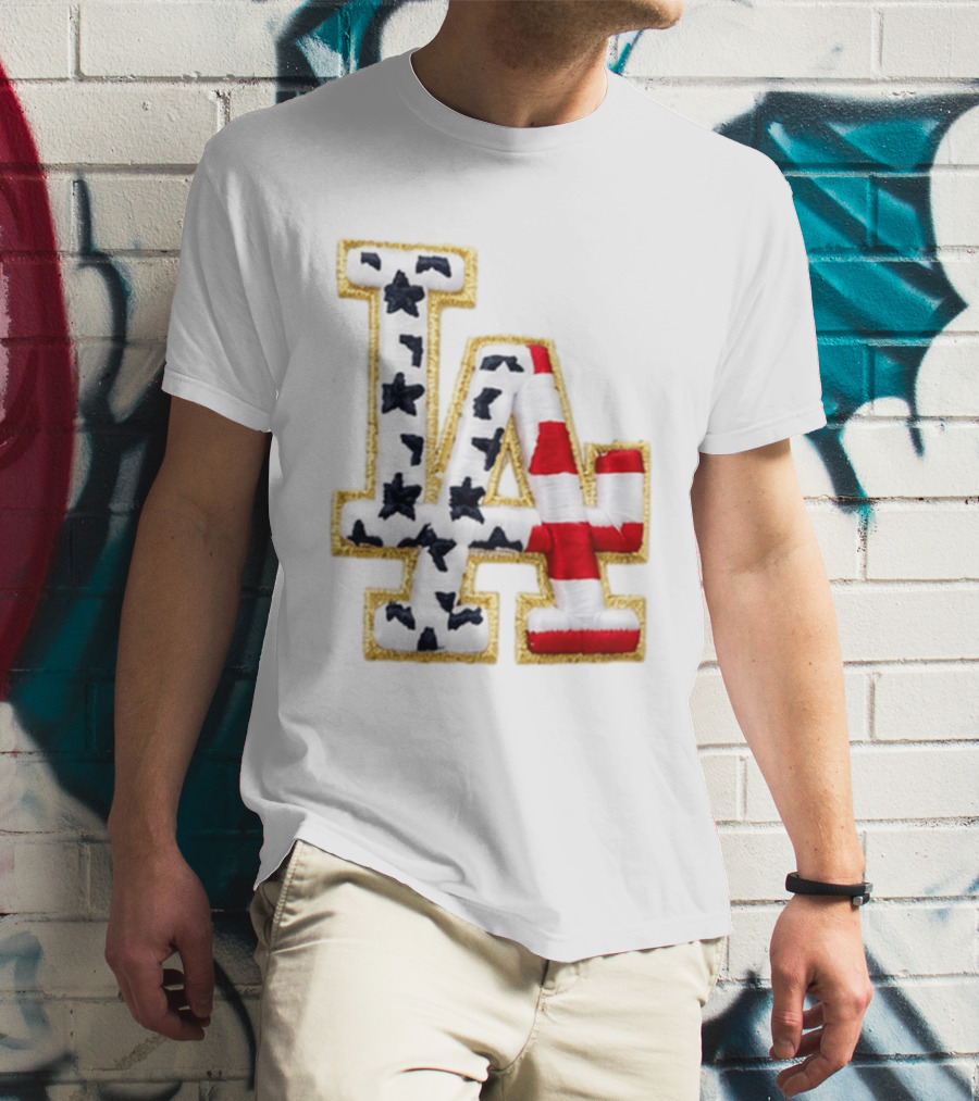 Dodgers LA 250th Anniversary Stars And Stripes Gold Trim Patch T-Shirt