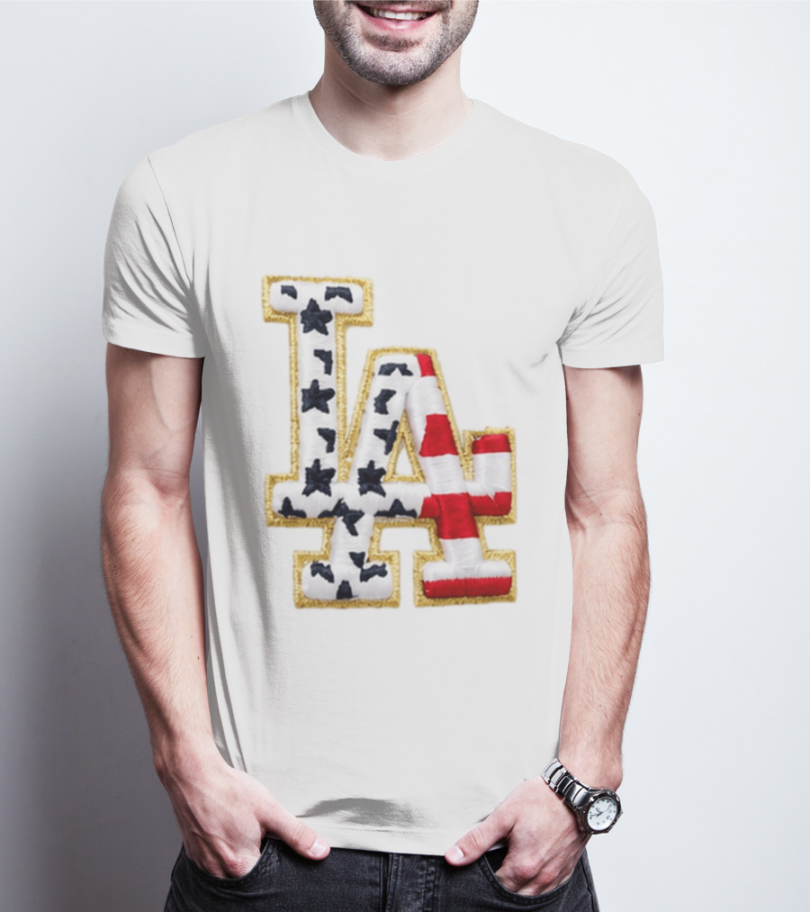 Dodgers LA 250th Anniversary Stars And Stripes Gold Trim Patch T-Shirt