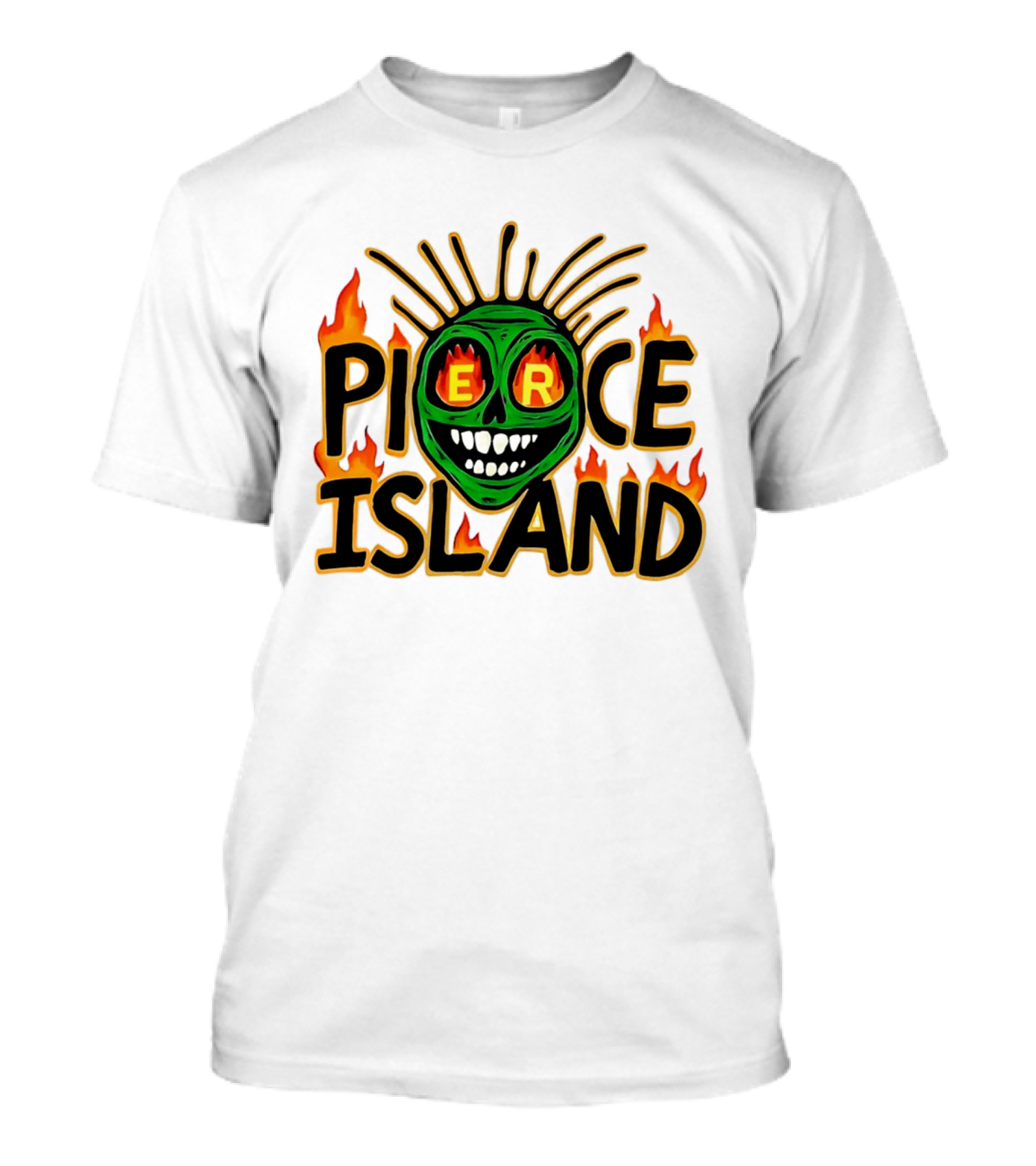 Pierce Island Green Skull Flames Spooky Island T-Shirt