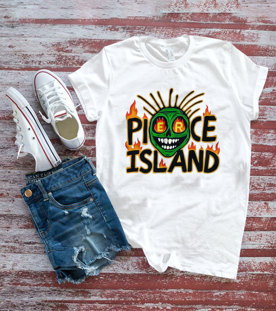 Pierce Island Green Skull Flames Spooky Island T-Shirt