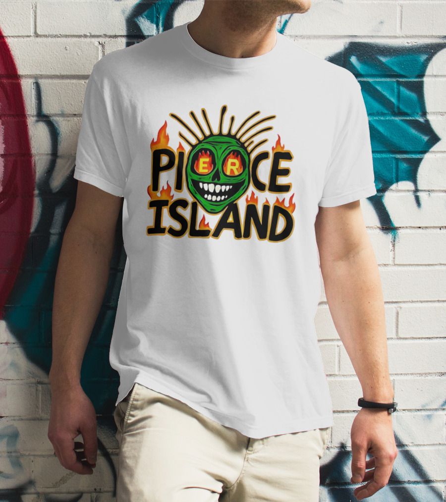Pierce Island Green Skull Flames Spooky Island T-Shirt