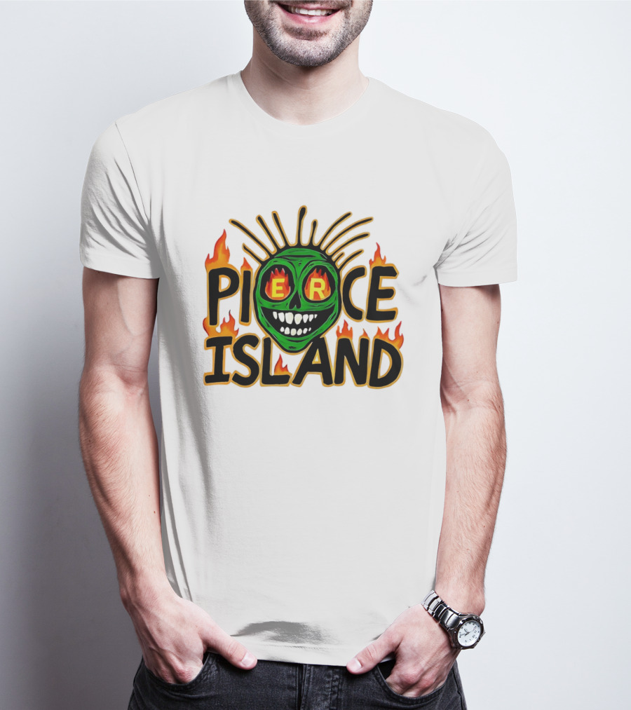 Pierce Island Green Skull Flames Spooky Island T-Shirt