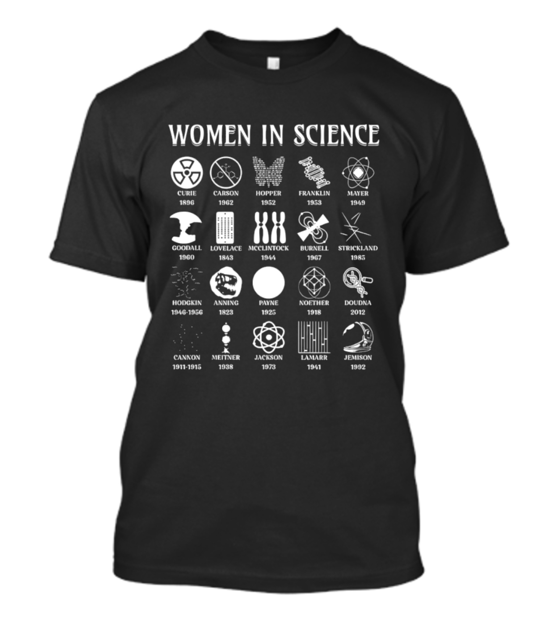 Women In Science Celebrating Curie Franklin Goodall Lovelace Armstrong Hopper Rubin Strickland T-Shirt