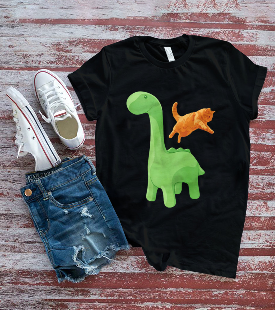 Cat Jumping Over Green Dinosaur Cartoon Image T-Shirt
