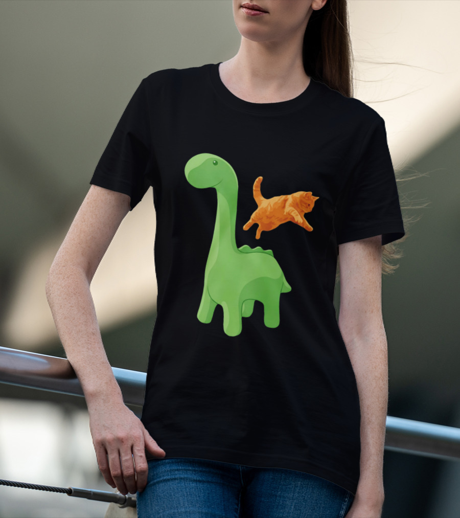 Cat Jumping Over Green Dinosaur Cartoon Image T-Shirt