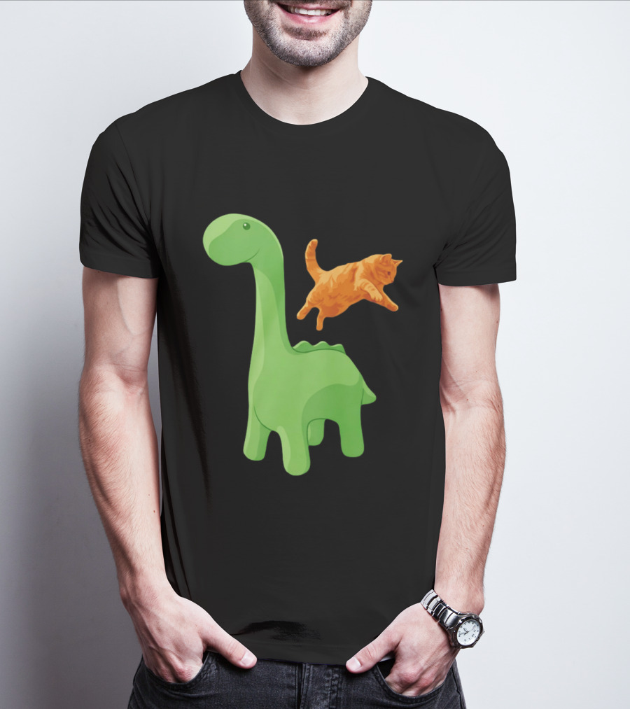 Cat Jumping Over Green Dinosaur Cartoon Image T-Shirt