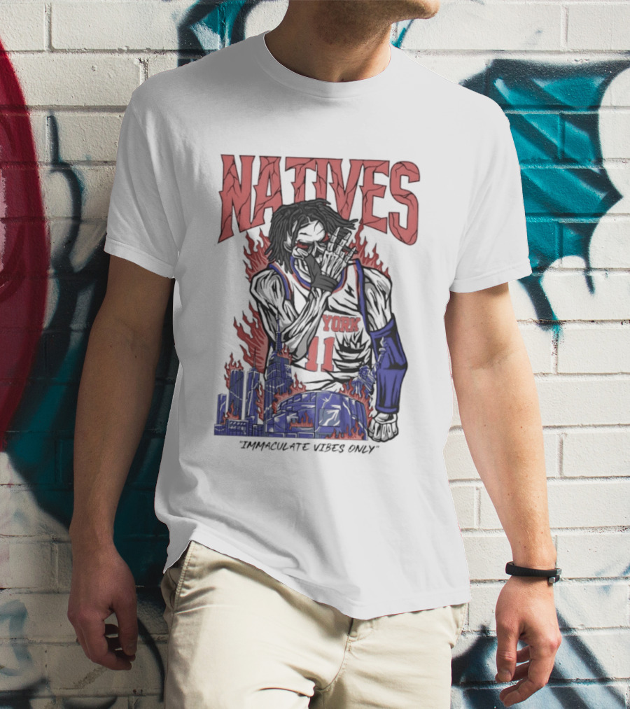 Natives Immaculate Vibes Only Jalen Brunson York 11 Skeleton Statue T-Shirt