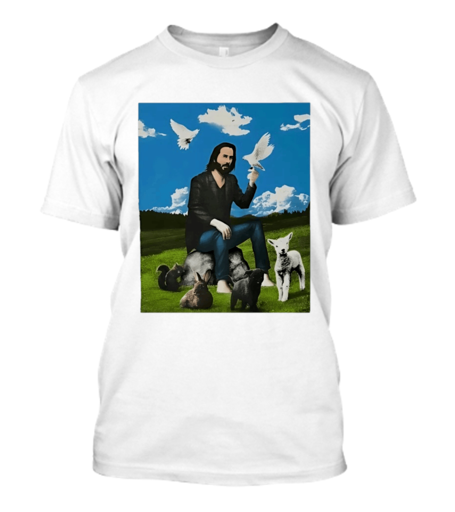 Keanu Reeves Peaceful Meadow With Animals And Doves T-Shirt