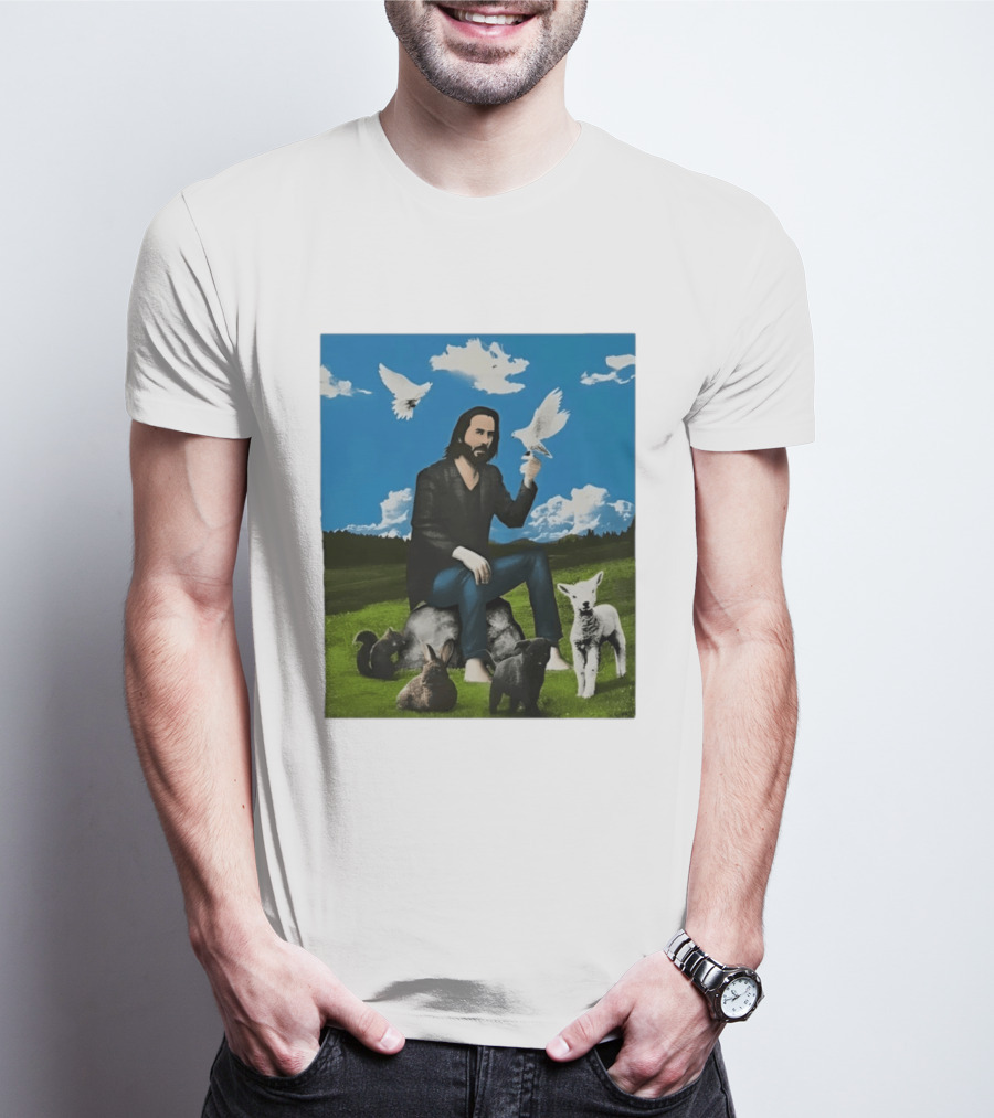 Keanu Reeves Peaceful Meadow With Animals And Doves T-Shirt