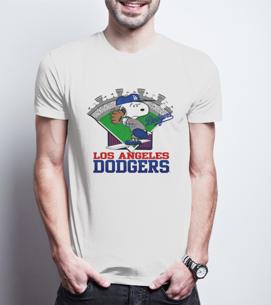 Los Angeles Dodgers Snoopy Peanuts Baseball Swing Stadium T-Shirt