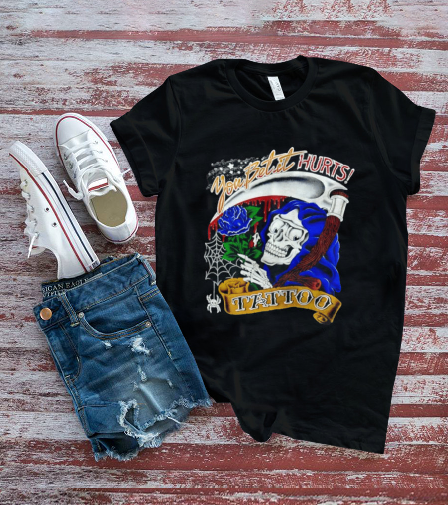 You Bet It Hurts Skeleton Rose Tattoo Spider Web T-Shirt